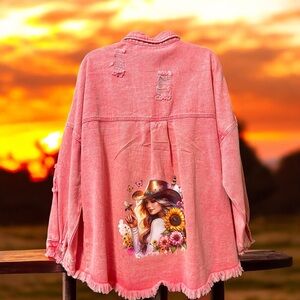 New Women’s pink distressed denim button down jacket western cowgirl graphic